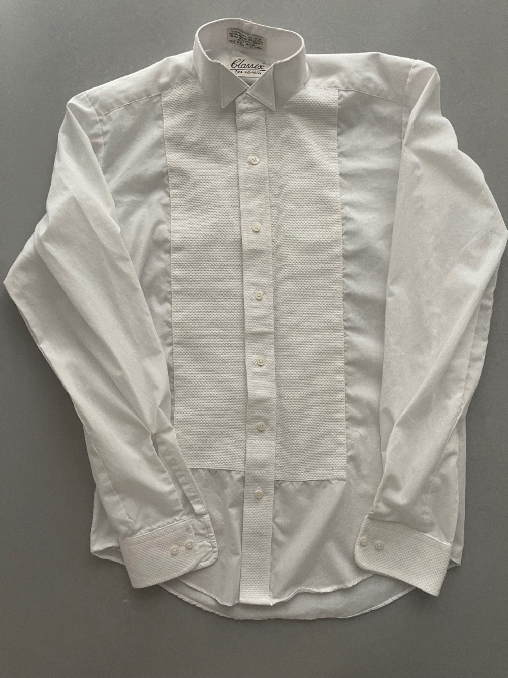 Classic Men’s White Tuxedo Dress Shirt Pique Bib Long Sleeve Formal Size S 34/35
